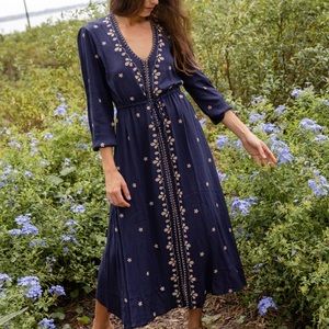 Navy blue embroidered Natural Life midi dress, size Large